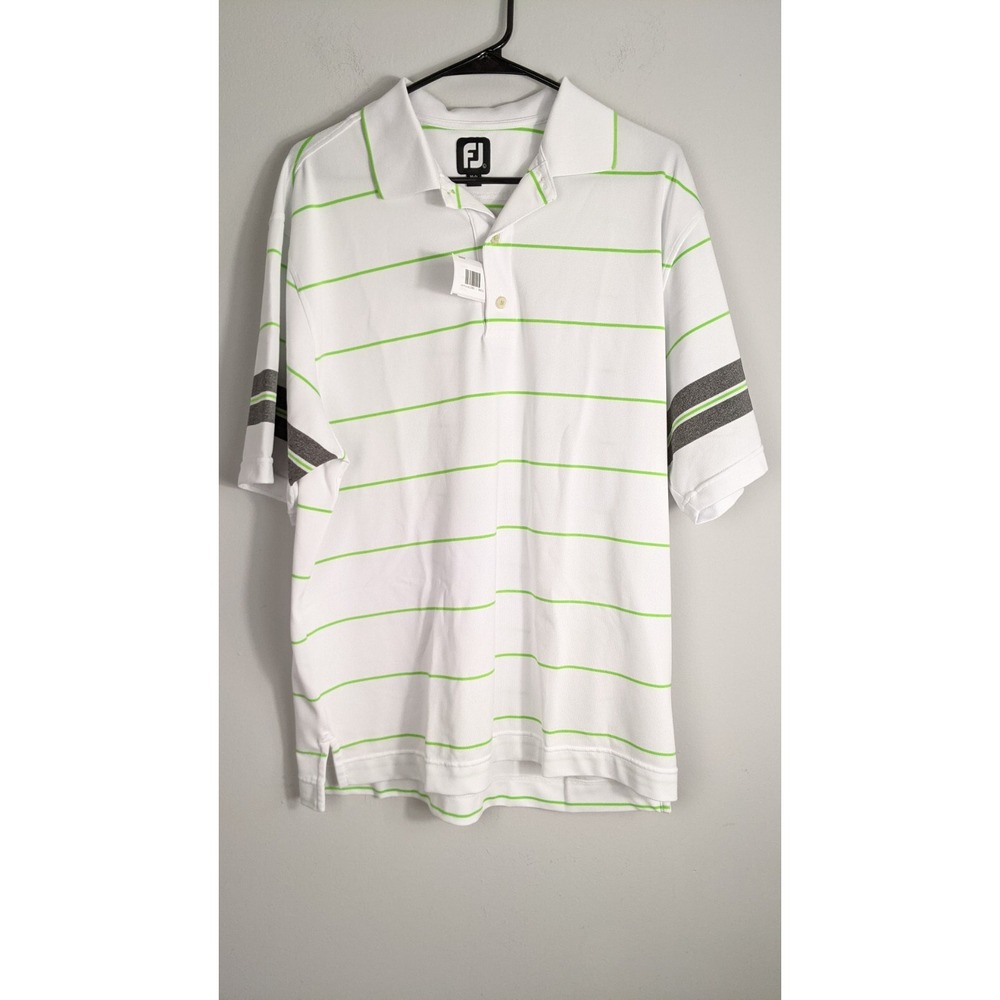 FJ Men's Golf Polo‎ Shirt – White Green Striped – Size L – Logo Sleeve